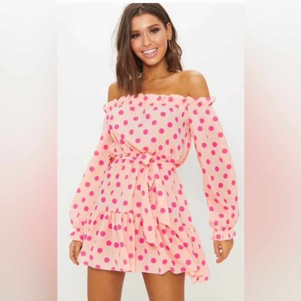 NWT PrettyLittleThing Pink Polka Dot Bardot Tie Waist Shift Dress - Size US 12